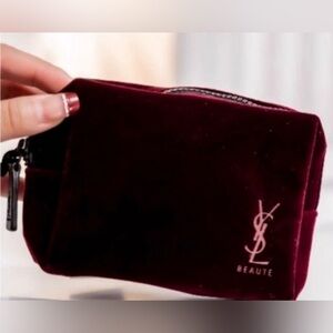 YSL Beaute Burgundy Velvet Makeup + Accessories Zippered Travel Pouch Bag NEW